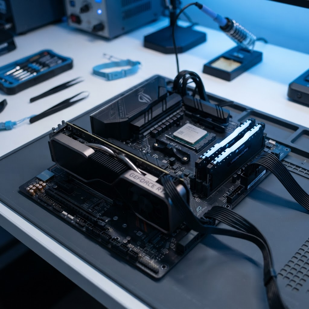 Computer hardware components on a professional workbench