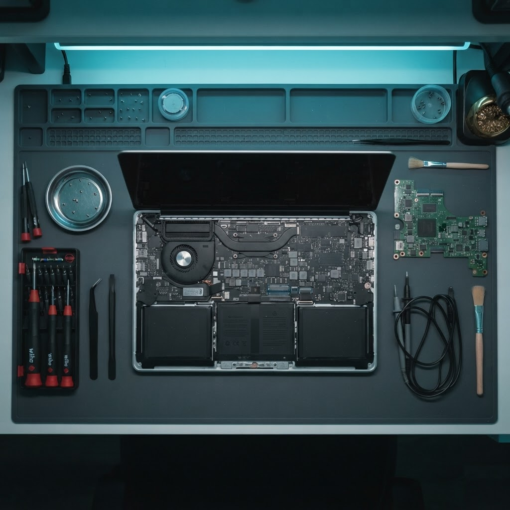 Computer hardware tools and components on a professional workbench